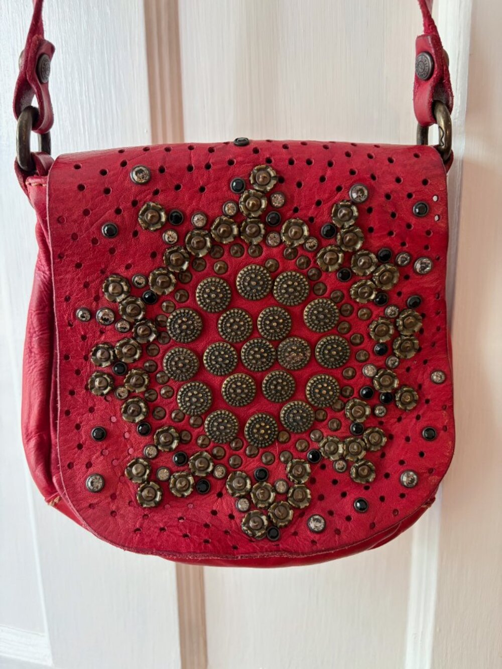 Campomaggi red leather and studs cross body bag
